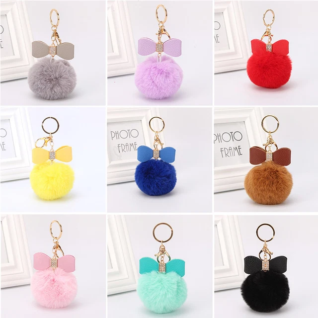 Faux Rabbit Fur Pom-pom Key Chain Bag  Fluffy Puff Ball Bow Car Pendan Key Ring