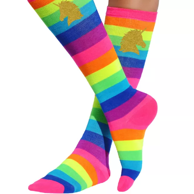 Gold Unicorn Rainbow Knee High Socks Long Leg Warmers Boot Stockings Womens Gift