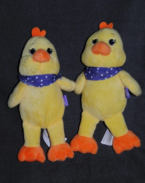 Lot 2 Peluche Poussin Canard MILKA Jaune Orange Bandana Mauve Pois Doudou NEUF