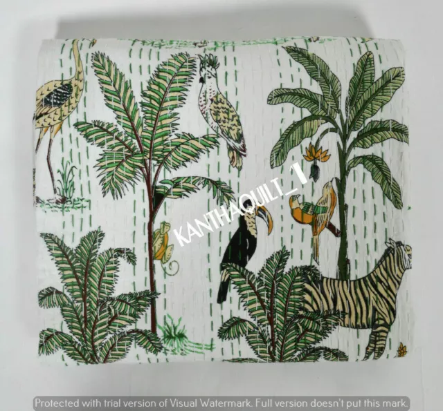 Indian Handmade Kantha Bedding Bedspread Quilt Cotton Throw Animal Print Blanket