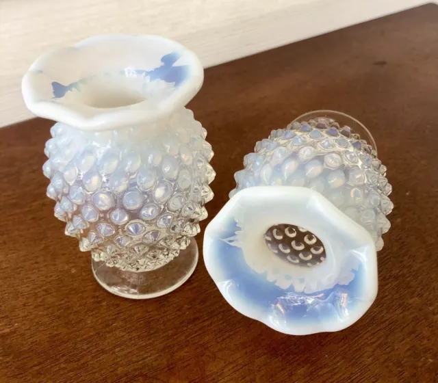 2 Fenton Glass Ruffled Edge 4" Bud Vases Opalescent Hobnail Blue and Clear Vtg
