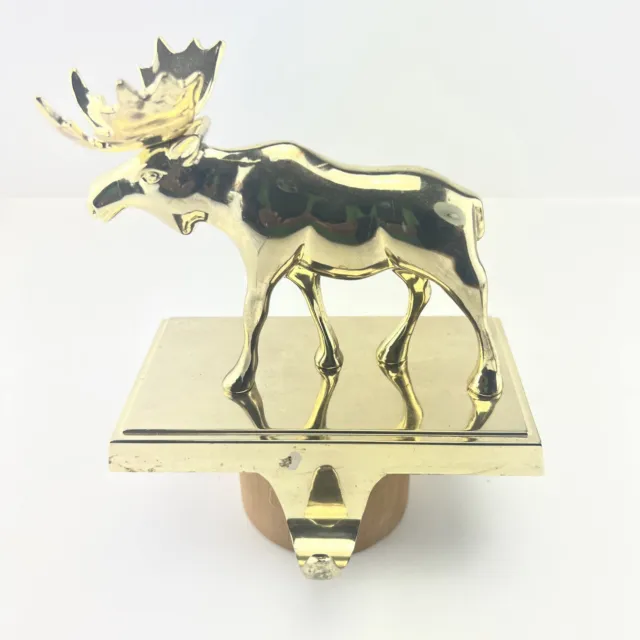 Vtg Solid Polished Brass Reindeer Stocking Holder Fireplace Mantle Decoration
