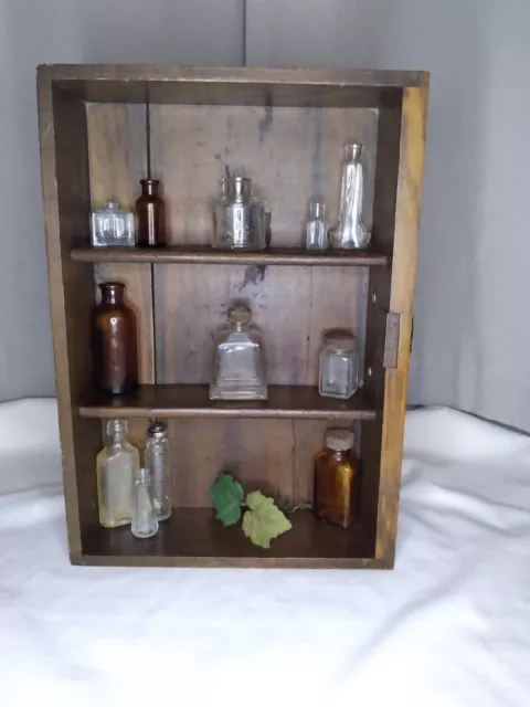 Antique Drawer/Shelf With 12 Old Bottles Wall Decor
