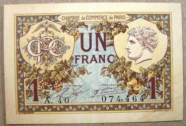 France 1 Franc Emergency Money Paris Chamber of Commerce, 1920-1922, XF