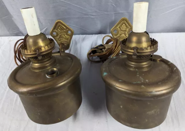 Matching Pair Antique Eastlake Brass Miller Bracket Oil Kerosene Lamps Sconces