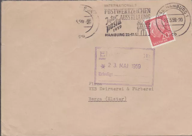 Geschäftsbrief mit Werbestempel Interposta 1959, Briefmarkenausstellung Hamburg
