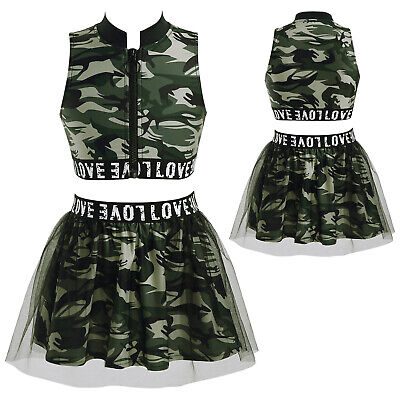 Kids Girls Stylish Outfit Camouflage Style Crop Top+Skirt Set Modern Dancewear
