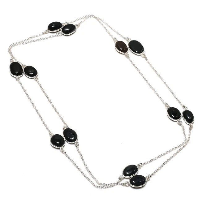 Collier Sautoir Onyx Noir à Facettes 122cm - Bijou Ancien #K32