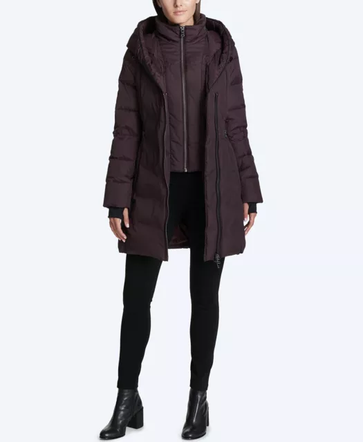 DKNY Women's Petite Asymmetrical Faux Leather Trim Black Puffer Coat Sz PS $190