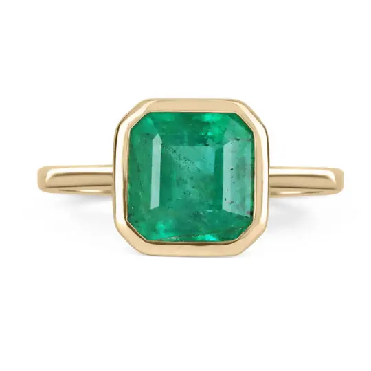 3.18 CARAT BEZEL Set Asscher Cut Natural Emerald Yellow Gold Ring 14K ...