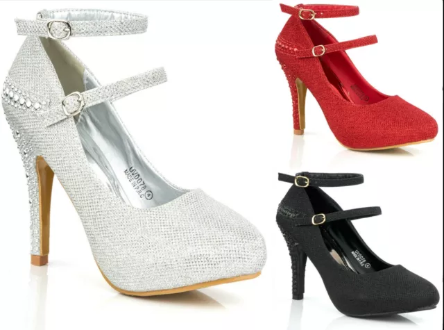 Ladies Sparkly Glitter High Heels Twin Ankle Strap Party Evening Shoes 3-8
