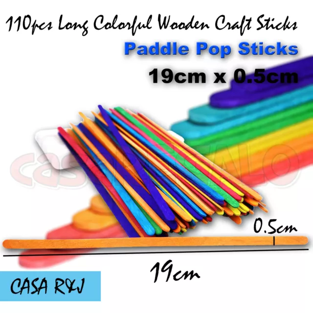 100pc Coloured Wooden Craft Sticks Paddle Pop Sticks Ice Cream 190mm x 7mm