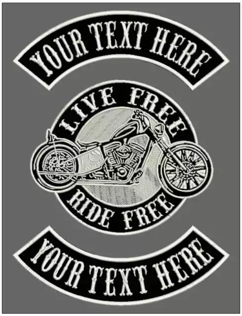 CUSTOM EMBROIDERED 3 pc MC ROCKER PATCH SET TOP BOTTOM CENTER MOTORCYCLE BLK/WHT