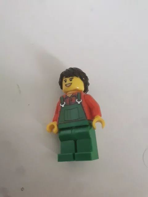 LEGO Minifigure - Agricoltore, con capelli castani, tute verdi, sorriso, donna