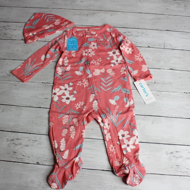 Carter's Baby Girl Pink Floral Footie Pajama Sleeper Hat Set Size 9 Months