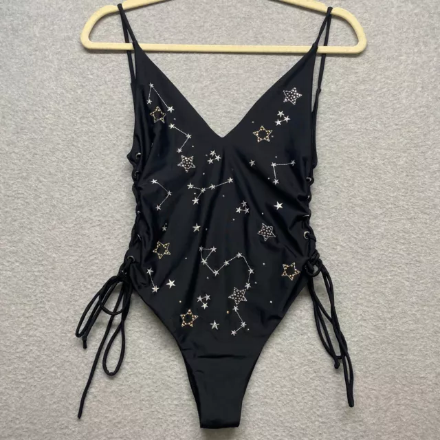 TopShop Swimsuit Womens 6 Black Silver One Piece Stars Lace Up Sides