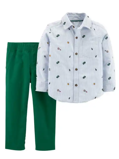 Carters Infant Boys Button Up Blue Striped Collared Shirt & Green Pants Set