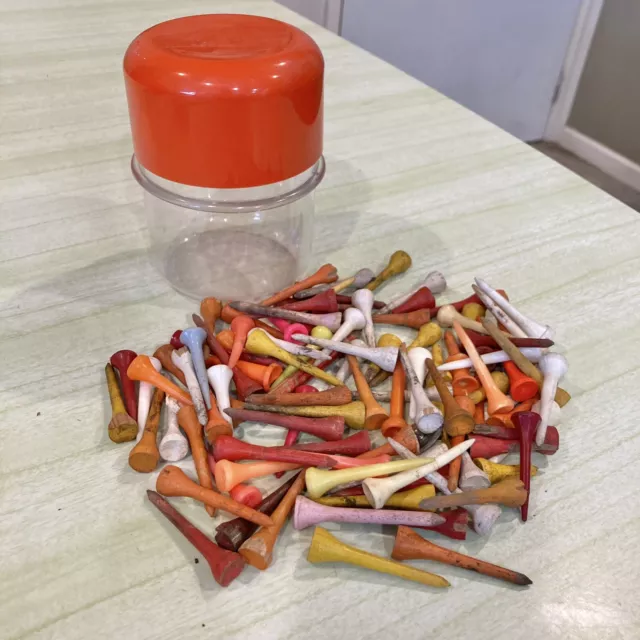 Vintage Orange Jar With Wooden Plastic Golf Tee Collection Retro Sporting Goods