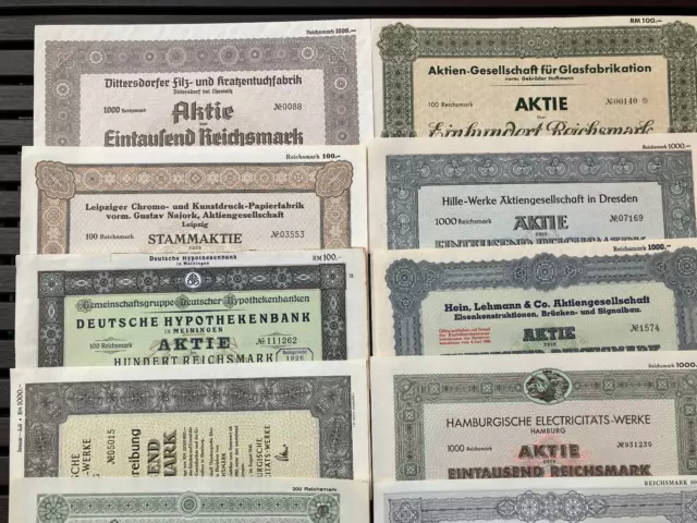 10 verschiedene deutsche Reichsmark-Aktien / hist. Wertpapiere