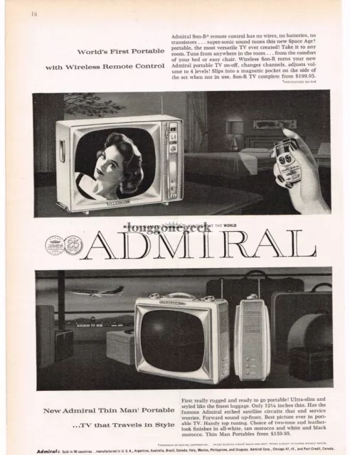 1959 ADMIRAL SON-R Portable TV with Wireless Remote, Thin Man Vintage Print Ad