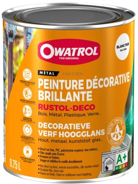 PEINTURE FER ANTIROUILLE RUSTOL DECO 0.75L BLANC BRILLANT protection renforcée