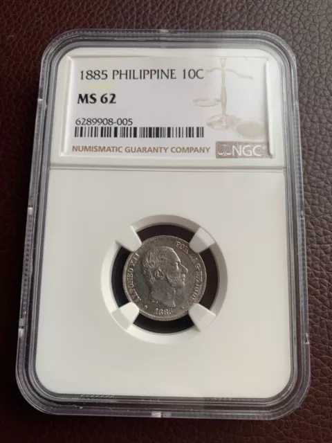 Philippines Spain 10 Centavo 1885 Alfonso Xii Ngc Ms 62