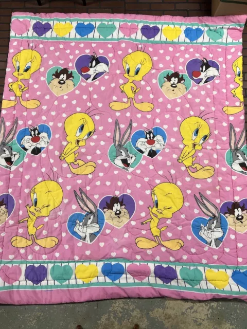 Vintage Looney Tunes Bed Comforter Girls Pink 1994 Warner Bros Tweety Taz Bugs