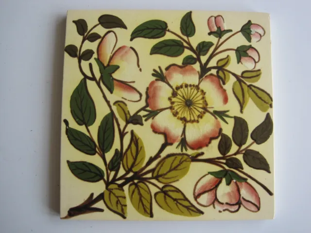 Antique Hand-Painted Majolica Glazed Floral Tile - Craven Dunnill C1871-1910