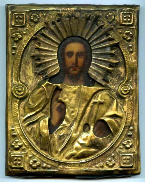 Antique 19c Russian Hand Painted Bronze Oklad Wood Icon Jesus Christ Pantocrator