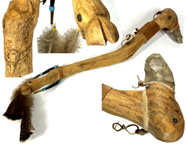 Handmade Navajo Native Tomahawk Knapped Axe Fleshing Scraper Buffalo Carved Wood