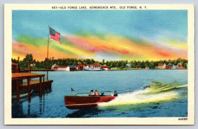 Vtg Old Forge Lake Adirondack Mts New York Linen Postcard C7
