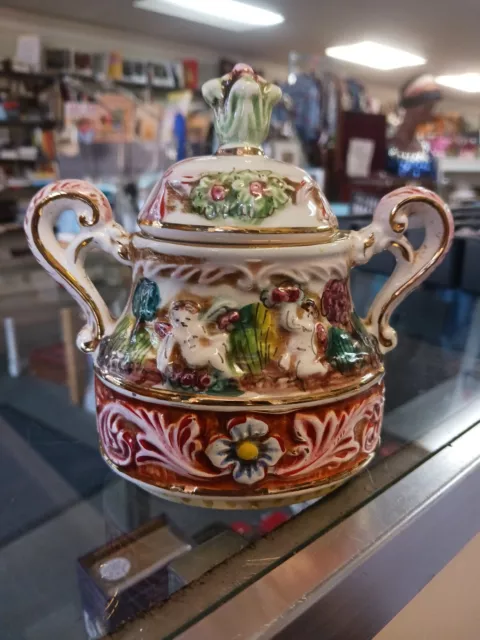 Capodimonte Pocelain Covered Sugar Bowl Handpainted Made In Italy