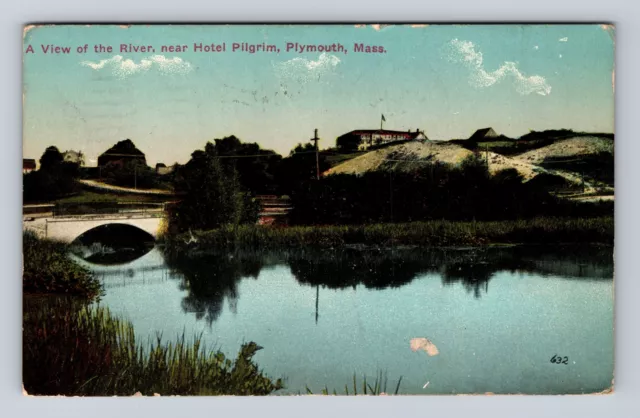 Plymouth MA-Massachusetts, View Of River, Hotel Pilgrim, Vintage c1916 Postcard