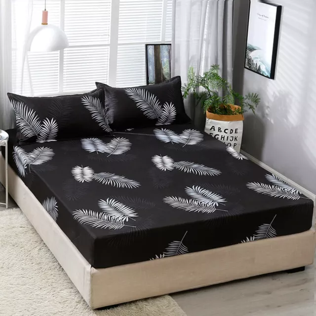 Black Tropical Palm Leaves Wrap Around Elastic Fitted Sheet Set Queen Size Warm