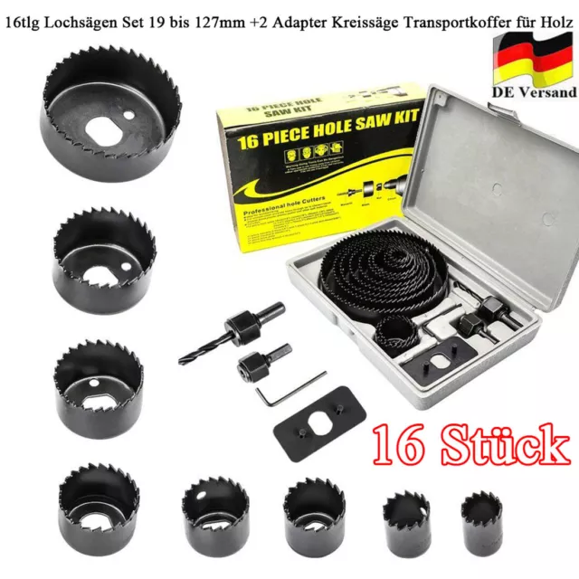 16tlg Lochsägen Set 19 bis 127mm +2 Adapter Kreissäge Transportkoffer für Holz