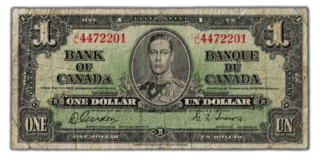 $1 1937 Bank of Canada Note Gordon-Towers J/L Prefix BC-21c - Very Good