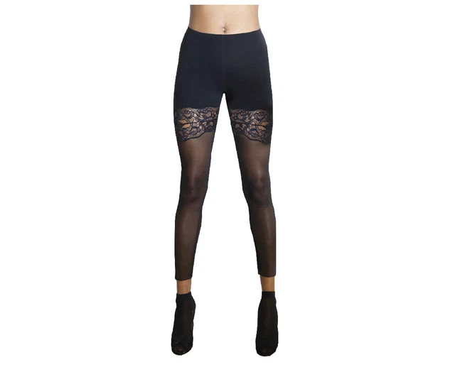 Clessidra Leggings Donna in Viscosa con Inserti Tulle e Pizzo E-PAOLA