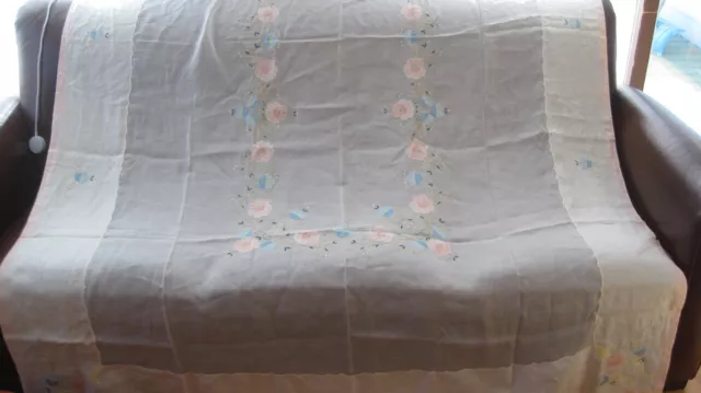 Vtg Madeira Applique Organdy Banquet Tablecloth Pastel Flowers 102"L