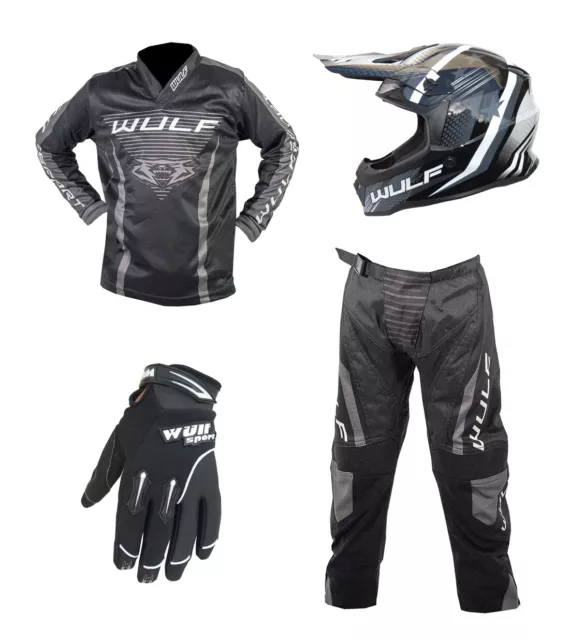 Kids MX Wulfsport 2023 LINEAR Motocross Shirt Pant Helmet Gloves Black Set #6