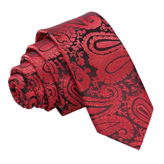 Black & Red Skinny Tie Woven Floral Paisley Mens Formal Wedding Necktie by DQT