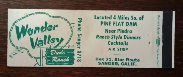 Vintage Matchcover: Wonder Valley Dude Ranch, Sanger, CA   98