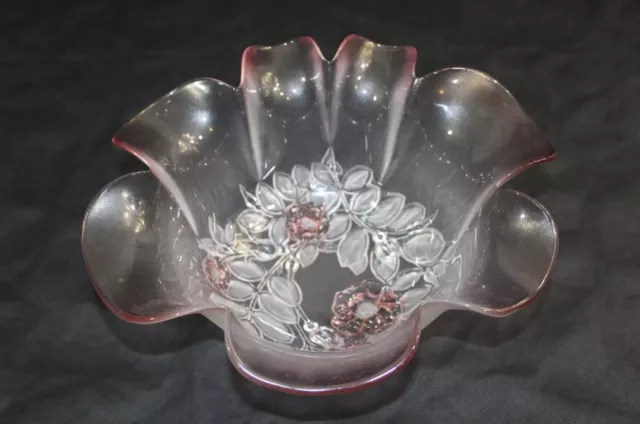 Vintage CRYSTAL Pink Rose Flower W. Germany Mikasa Rosella Ruffled Edge Bowl 8”