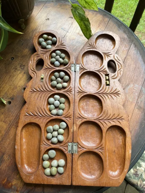 African Mancala Wood Game Case  With 47 Beans