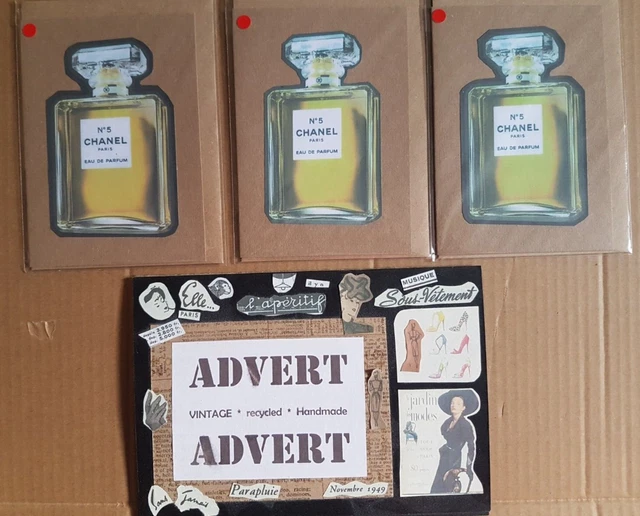 VINTAGE FRENCH 1950s CHANEL No 5 PERFUME BOTTLE TINTED GREETINGS CARDS (3 NO) A8