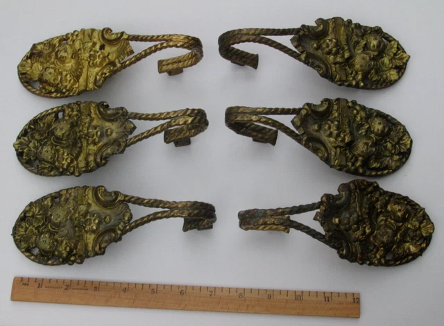 Set of (6) Matching Brass Victorian Curtain Tie Backs - Strawberry design