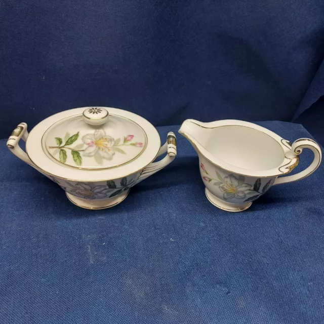 Vintage Seyei Fine China Of Japan "Azalea" Creamer & Sugar Bowl With Lid Disc.