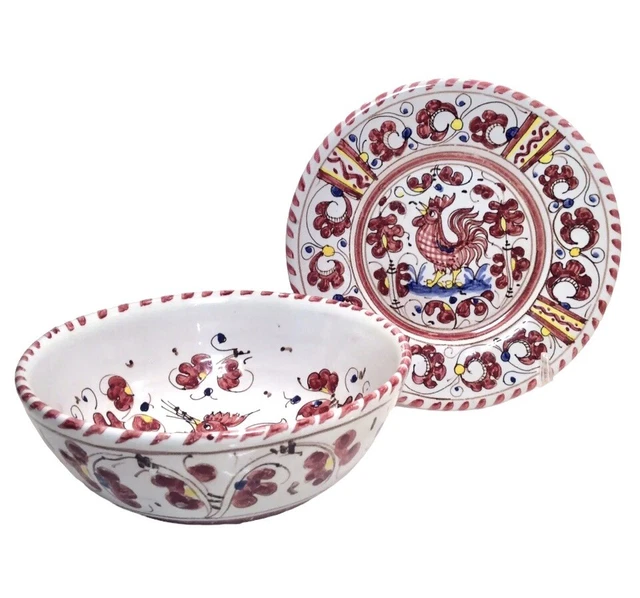 Vintage P.V. Italy G425 Red Rooster 5.5” Serving Bowl & Under Plate; Deruta