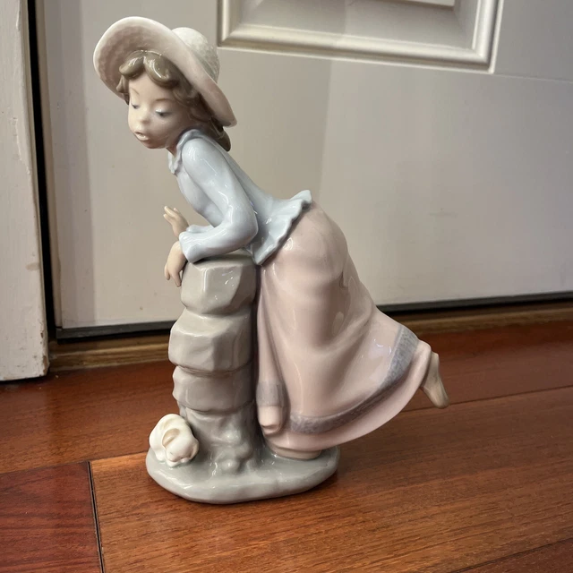 Nao Lladro, 1981 Daisa Porcelain Figurine - Girl Fence Stone Wall Puppy Dog
