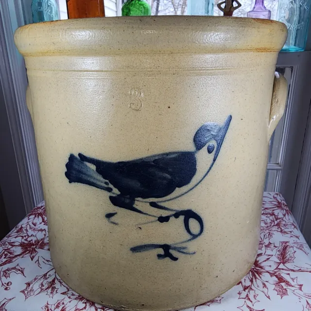 Antique Salt Glazed Stoneware "ATT: BALLARDVALE MF.G.C. MA." BLUE BIRD Crock