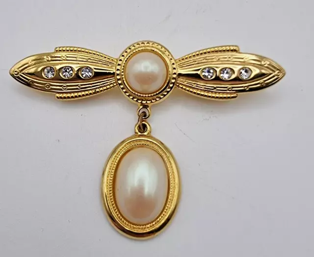 Vintage Bow Shaped Brooch with Oval Teardrop  Gold Tone, Pearl & Crystal Accents